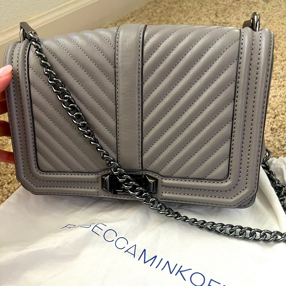 Rebecca Minkoff quilted love crossbody leather bag silver black chains